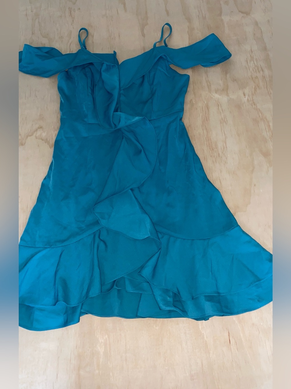 Off-Shoulder Teal Midi Dress with Ruffle Front